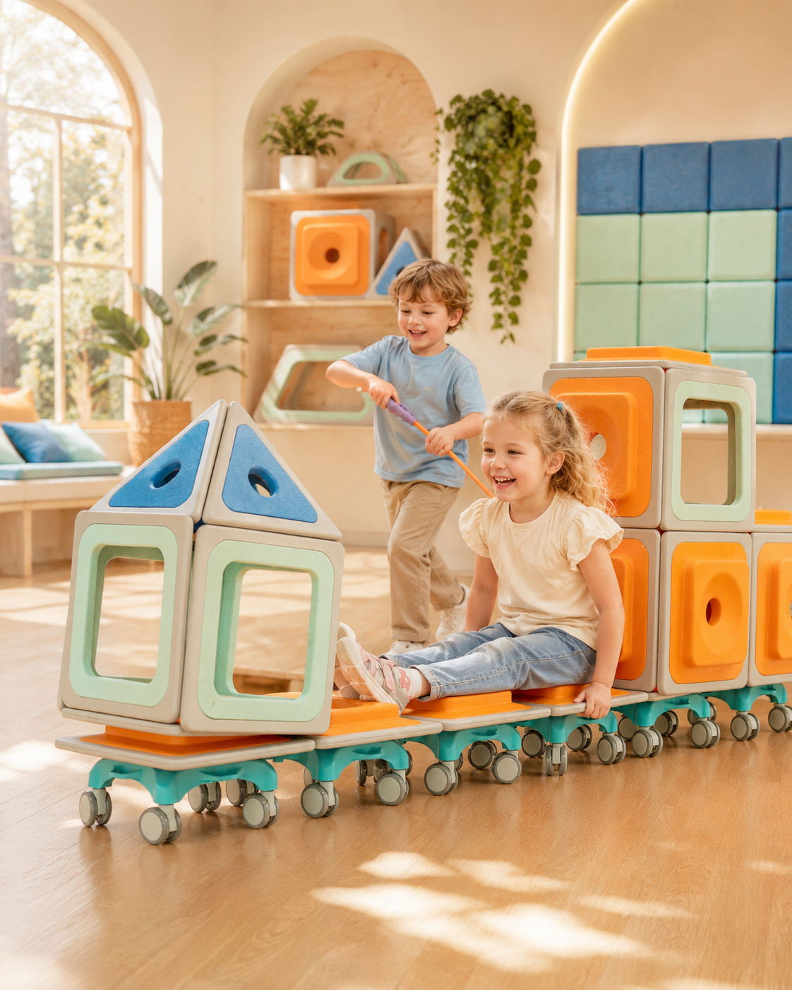 Diverse preschool children waving happily next to a tall modular rocket built with Egoo Magniworld large magnetic blocks on an outdoor kindergarten turf.