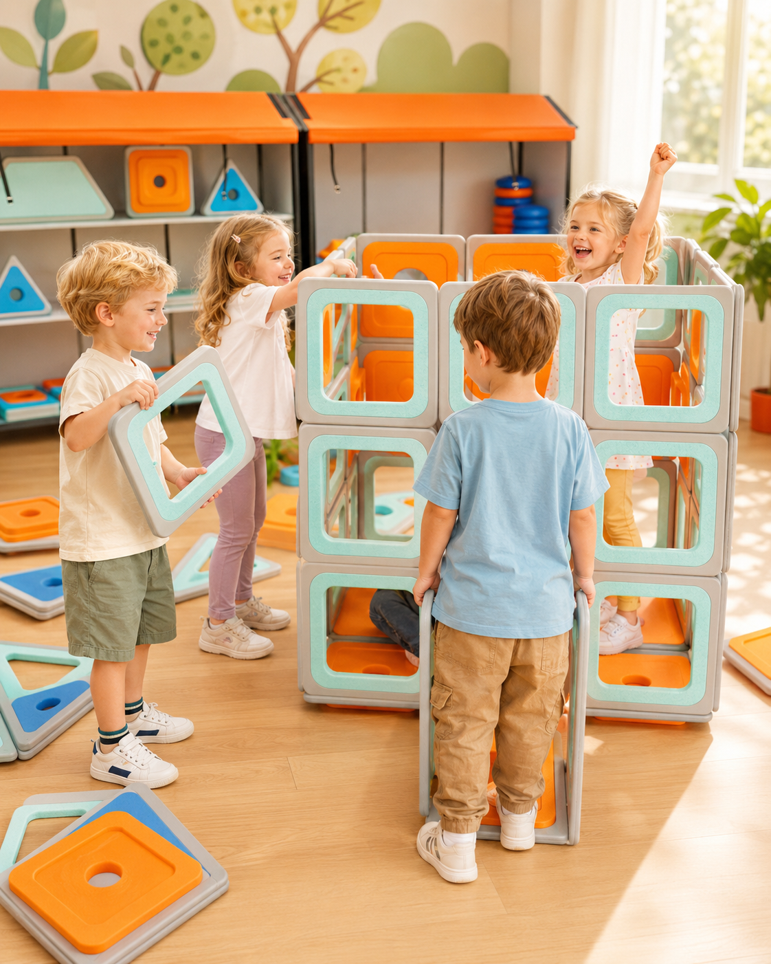 Young children riding and pulling a modular toy train assembled with Egoo Magniworld rolling wheels and magnetic building blocks indoors.