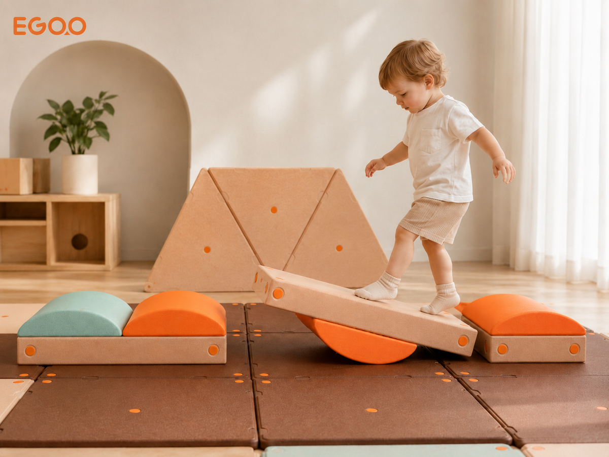 Early childhood educator guiding toddlers crawling and stepping over curved soft play obstacles in a nursery playroom.