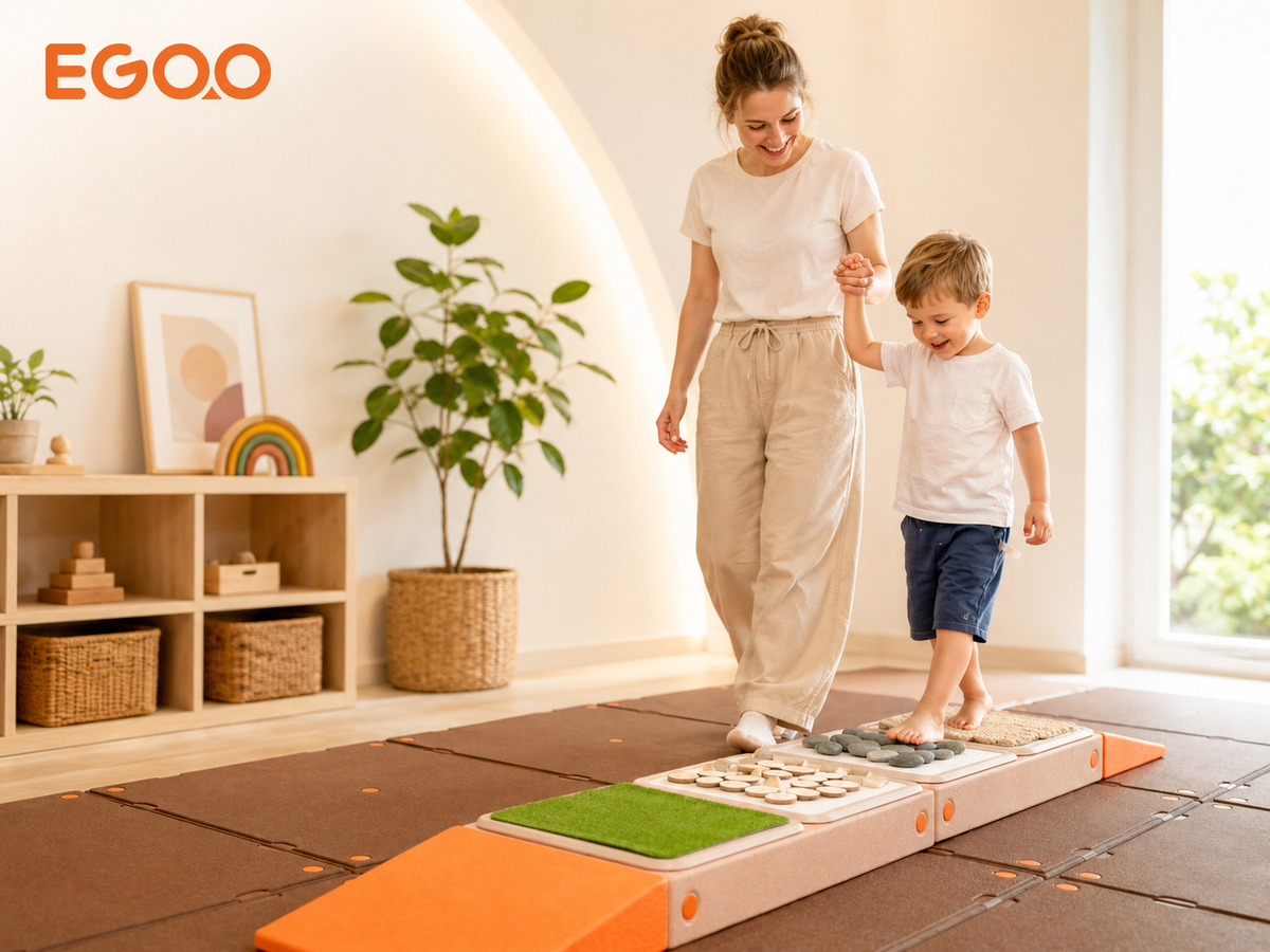 Baby lying on a gentle curved rocking board with mother support, enhancing vestibular stimulation and sensory integration.