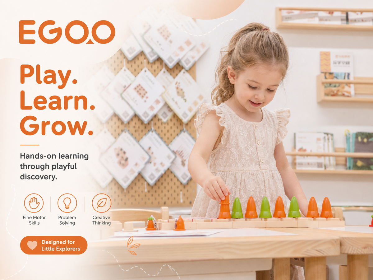 Two young children engaged in hands-on STEM learning and sorting colorful carrot pieces with Egoo Magnidesk wooden blocks.