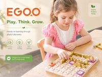 Young children exploring sequence rules and math concepts using wooden figure pieces on an Egoo Magnidesk pegboard.